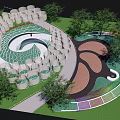 Contemporary Garden Landscape Featuring Spiral Path White Cylindrical Structures Green Lawns And Trees