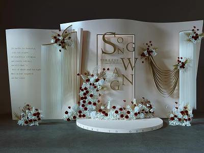 Elegant Wedding Ceremony Setup With Golden Letters Curved Backdrops White And Red Floral Decorations 3d model