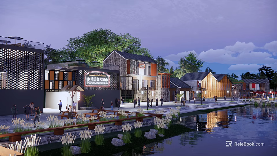 Evening Commercial Street With Traditional Modern Buildings Waterfront Pedestrian Area And People Walking 3d model 