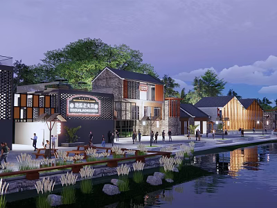 Evening Commercial Street With Traditional Modern Buildings Waterfront Pedestrian Area And People Walking 3d model
