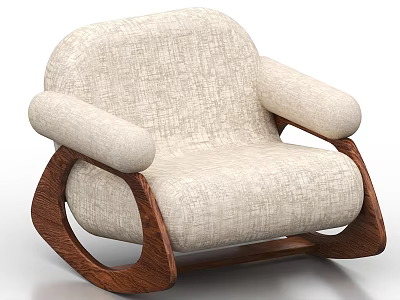Comfortable Rocking Armchair With Light Beige Fabric Upholstery Wooden Armrests And Base 3d model
