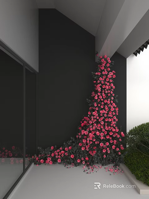 Scenic Photo Check In Spot With Black Wall Pink Climbing Flowers And Green Plants 3d model 