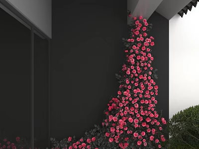Scenic Photo Check In Spot With Black Wall Pink Climbing Flowers And Green Plants 3d model