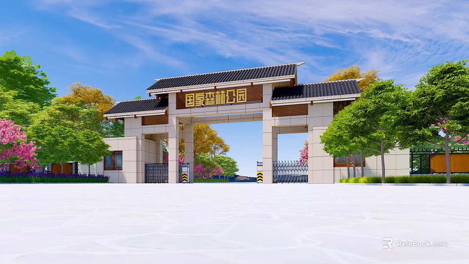 Ancient Architecture Gateway with Traditional Tiled Roof Surrounded by Trees and Blue Sky 3d model 