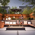 Cozy Courtyard Garden With People Sitting On Bench Umbrella Lights Green Plants And Wooden Fence
