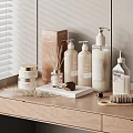 Modern Daily Washing Products On Wooden Counter With Glass Bottles And Soap Dispensers