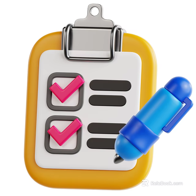 Yellow Notebook with Red Checkmarks Black Blank Lines and Blue Pen on White Page 3d model 