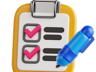 Yellow Notebook with Red Checkmarks Black Blank Lines and Blue Pen on White Page 3d model