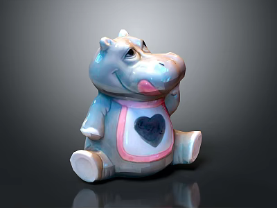 Blue Hippo Figurine with Pink Trimmed Apron and Black Heart Design in Sitting Posture 3d model