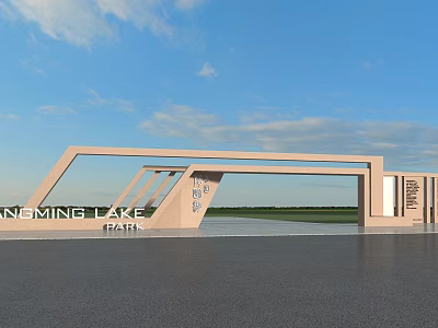 Modern Geometric Entrance Gate Of Ningming Lake Farm With Blue Sky And Green Field Background 3d model