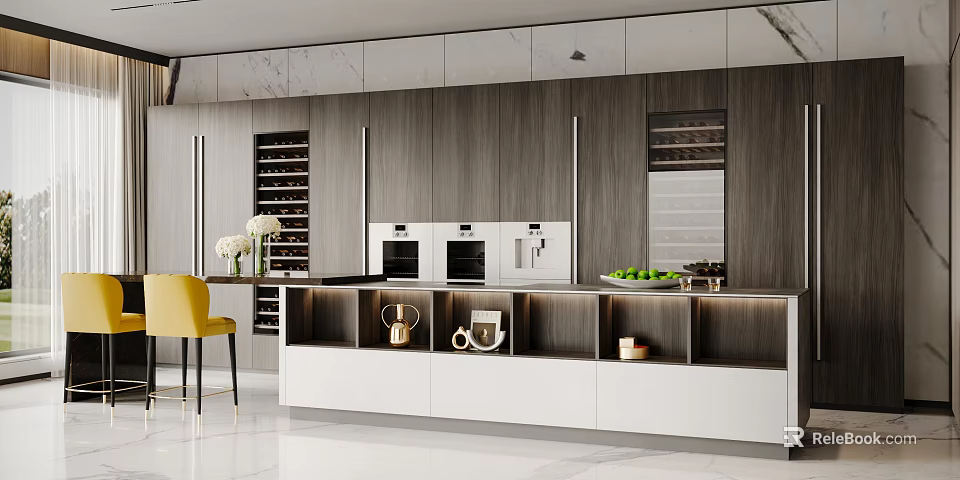 High End Modern Kitchen With Wood Grain Cabinets Built In Appliances And Custom Wine Racks 3d model 