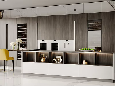 High End Modern Kitchen With Wood Grain Cabinets Built In Appliances And Custom Wine Racks 3d model