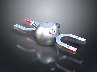 Metal Sphere With Horseshoe Magnets And Red Poles On Reflective Surface 3d model