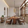 Minimalist Dining Room With Wooden Furniture Pendant Lights And Plants
