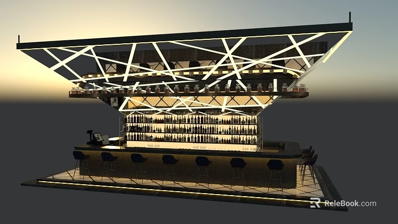 Modern Bar Interior With Geometric Structure Ceiling Wine Racks And Stools 3d model 