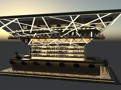 Modern Bar Interior With Geometric Structure Ceiling Wine Racks And Stools 3d model