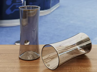 Glass Vases On Wooden Table With Upright And Tilted Shapes And Blue Background 3d model