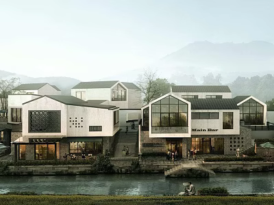 Traditional Modern Riverside Commercial Street With White Buildings Shops Greenery And Mountain Views 3d model