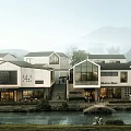 Traditional Modern Riverside Commercial Street With White Buildings Shops Greenery And Mountain Views