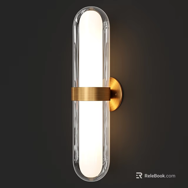 Modern Transparent Glass Wall Light with Gold Metal Ring White Illumination Mounted on Dark Wall 3d model 
