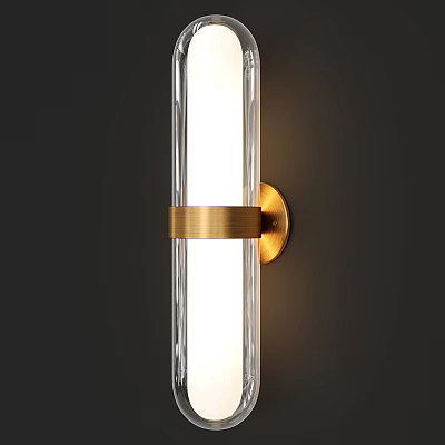Modern Transparent Glass Wall Light with Gold Metal Ring White Illumination Mounted on Dark Wall 3d model