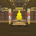 Buddhist Religious Worship Space With Golden Buddha Statue Bookshelves Lanterns And Prayer Cushions