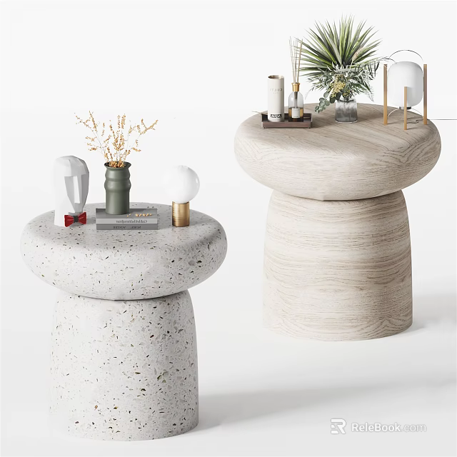 Modern Round Concrete and Wooden Side Tables with Vases Books Plants Decorative Accents 3d model 