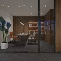 Modern Public Office Space With Large Green Plants Wooden Partitions And Meeting Table