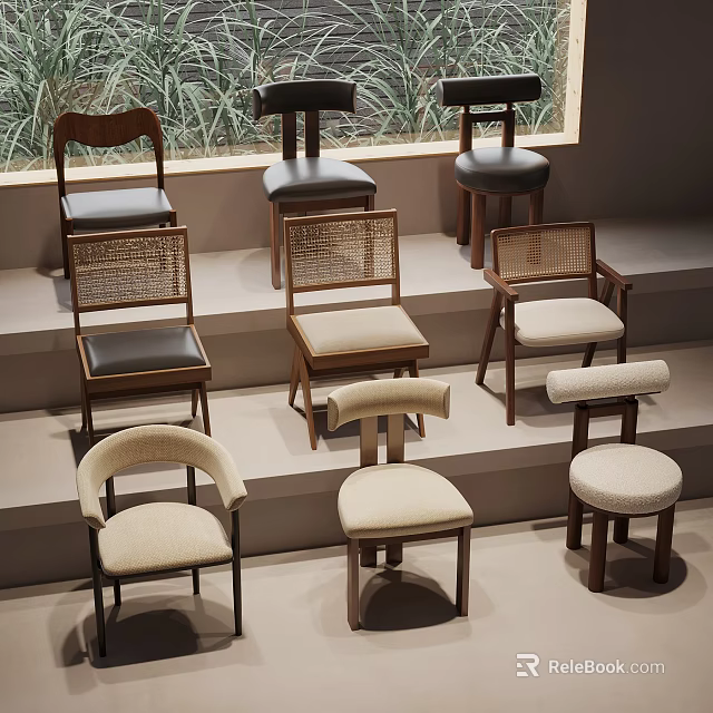 Various Stylish Chairs Display With Wicker Leather Seats And Wooden Frames On Steps 3d model 