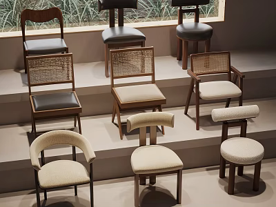 Various Stylish Chairs Display With Wicker Leather Seats And Wooden Frames On Steps 3d model