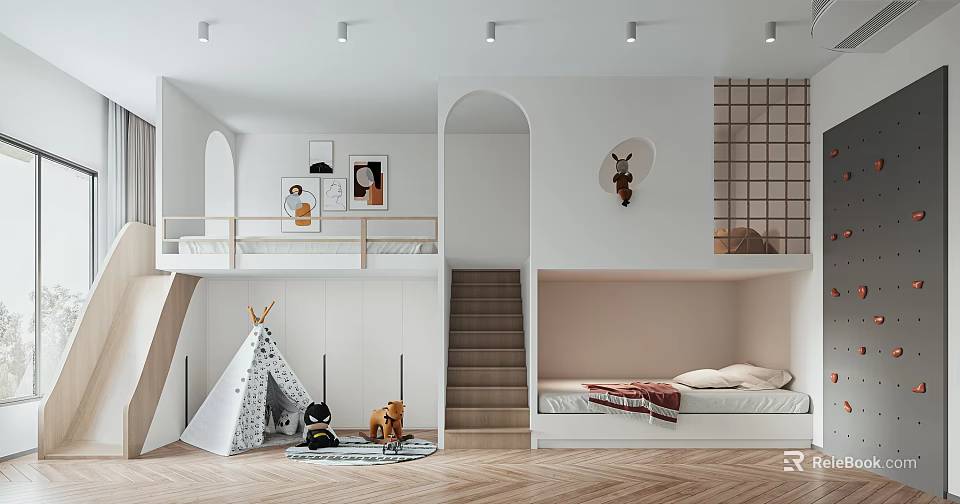 Bright Playful Kids Room Interior Design With Bunk Bed Slide Teepee Tent And Stuffed Animals 3d model 
