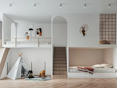 Bright Playful Kids Room Interior Design With Bunk Bed Slide Teepee Tent And Stuffed Animals 3d model