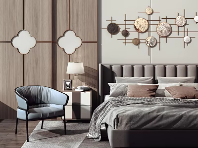 Modern Double Bed In Background With Wooden Wall Decorations Nightstand And Blue Chair 3d model