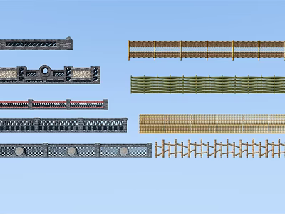 Various Outdoor Fence Designs with Metal Wooden Bamboo and Decorative Styles 3d model