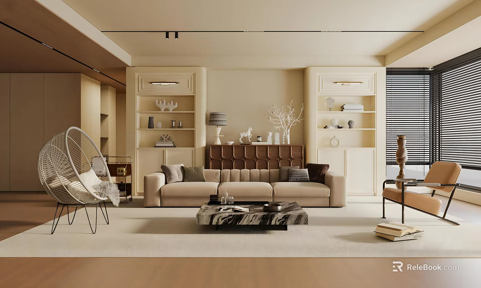 Modern Living Dining Room Interior Design With Beige Sofa Coffee Table And Decorative Shelves 3d model 