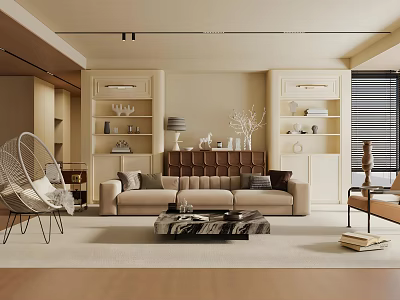 Modern Living Dining Room Interior Design With Beige Sofa Coffee Table And Decorative Shelves 3d model