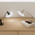 Modern Adjustable Arm Desk Lamps With White Shade On Wooden Desk And Books