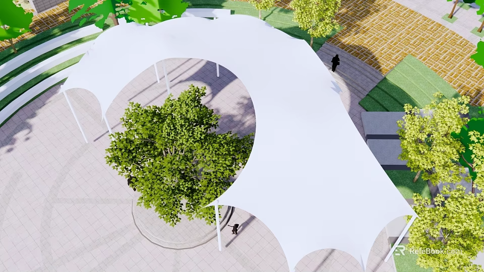 Tensile Membrane Canopy Design for Outdoor Public Space with Trees and Walkway 3d model 