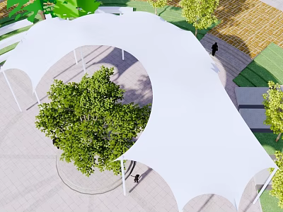 Tensile Membrane Canopy Design for Outdoor Public Space with Trees and Walkway 3d model
