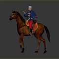 Rider In Blue Uniform And Red Pants Riding Brown Horse With Helmet On Gray Background