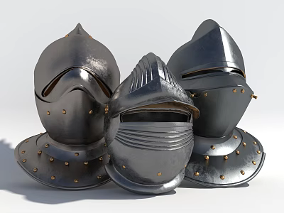 Three Medieval Metal Helmets Featuring Decorative Rivets And Various Designs 3d model