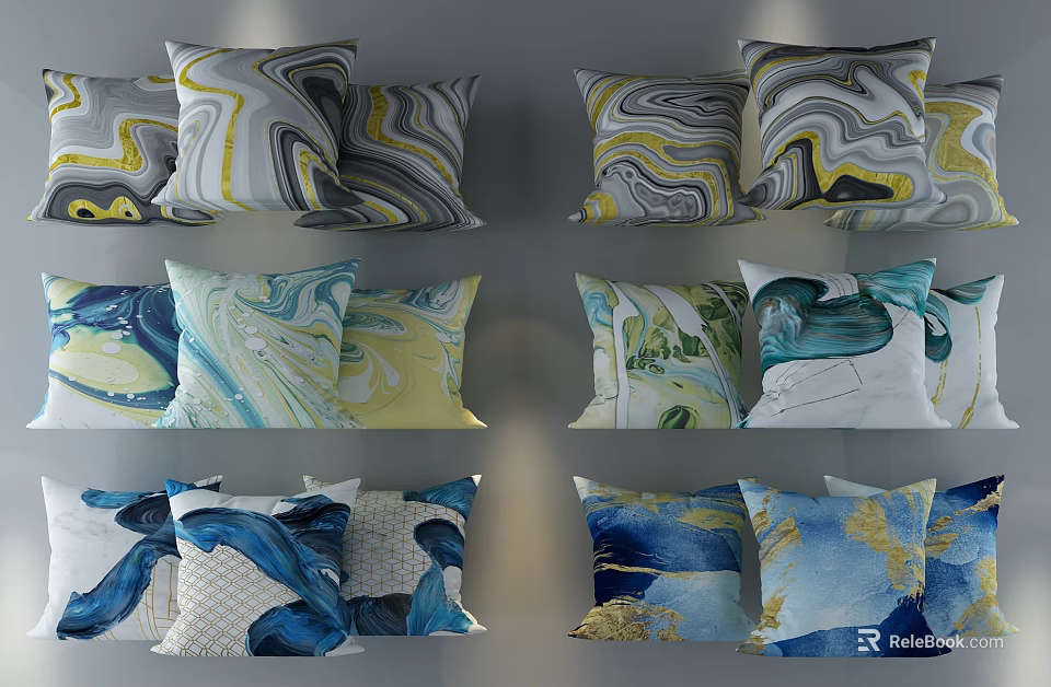 Colorful Decorative Throw Pillows With Marble Watercolor Patterns For Home Sofa Decoration 3d model 
