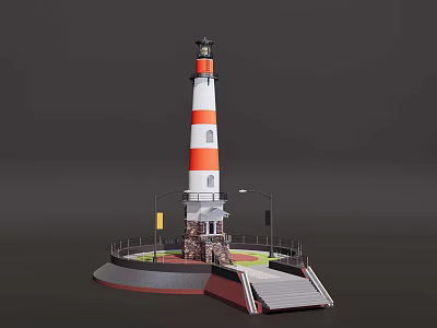 Classic European style Architecture Lighthouse With Red And White Stripes Circular Platform And Stone Ramp 3d model