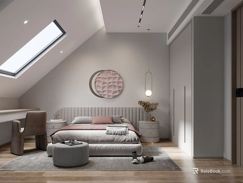 Modern Bedroom Interior With Sloped Ceiling Skylight Round Decorative Art Gray Bed And Wooden Floor 3d model 