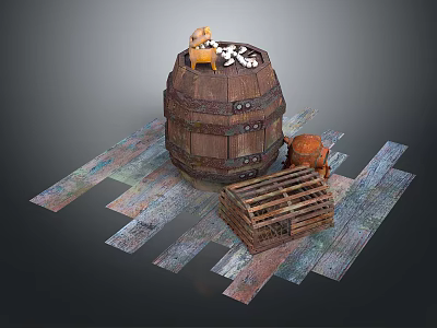 Wooden Barrel With Small Yellow Doll White Bones Crate And Colorful Planks 3d model