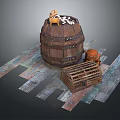 Wooden Barrel With Small Yellow Doll White Bones Crate And Colorful Planks