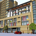 Modern Multi Story Building Design With Glass Curtain Walls And Urban Street Features