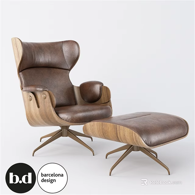 Modern Leather Leisure Chair With Wooden Frame And Matching Ottoman 3d model 