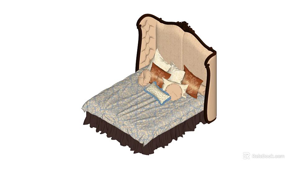 Double Bed with Tufted Headboard Patterned Bedspread and Decorative Pillows 3d model 