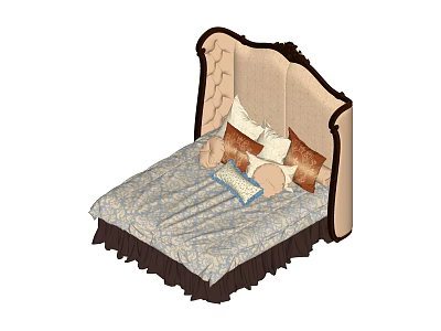 Double Bed with Tufted Headboard Patterned Bedspread and Decorative Pillows 3d model